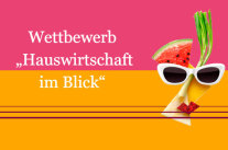 Schriftzug Wettbewerb Hauswirtschaft im Blick, daneben aus Lebensmitteln geformtes Gesicht