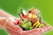 Gemüse und verkleinerter Korb mit Lebensmitteln in geöffneten Handflächen